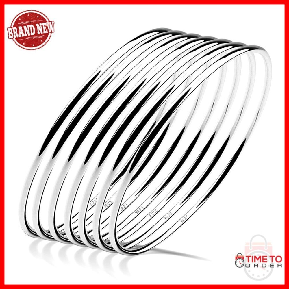 Sterling Silver Bangle Bracelet Set Italian Handmade Minimal Elegant Stackable